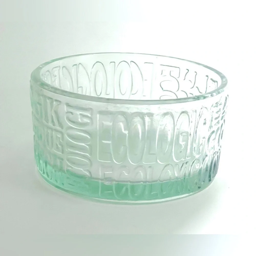 Vidreco Recycled Glass Bowl Embossed Ecologic Multi-Language Green Aqua 5x2.75”